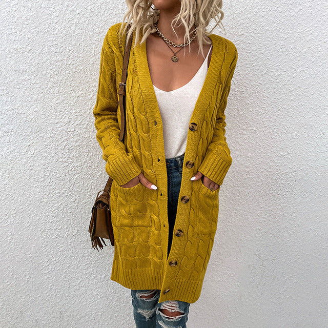 Women's longline cable-knit cardigan with V-neck, buttons, long sleeves and front pockets