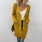 Women's longline cable-knit cardigan with V-neck, buttons, long sleeves and front pockets
