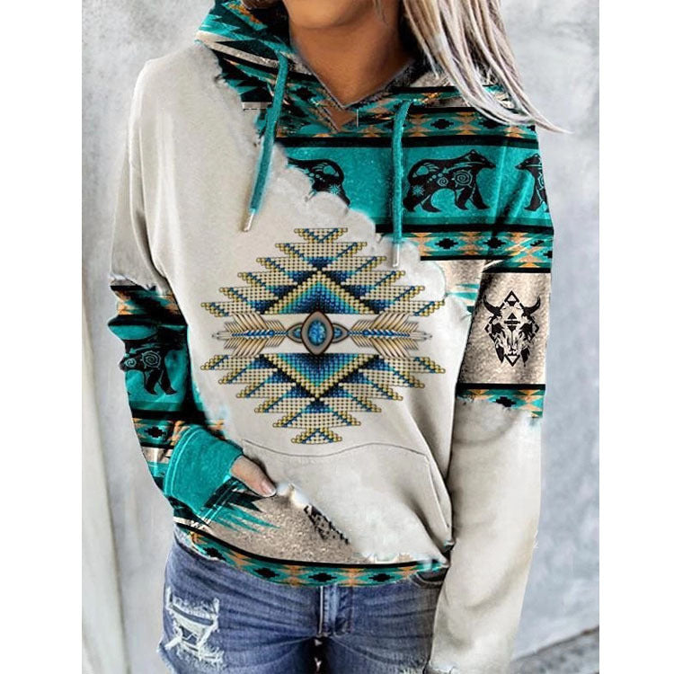 Women's hooded sweatshirt with Aztec geometric patterned panels and kangaroo pocket