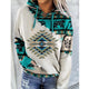 Women's hooded sweatshirt with Aztec geometric patterned panels and kangaroo pocket