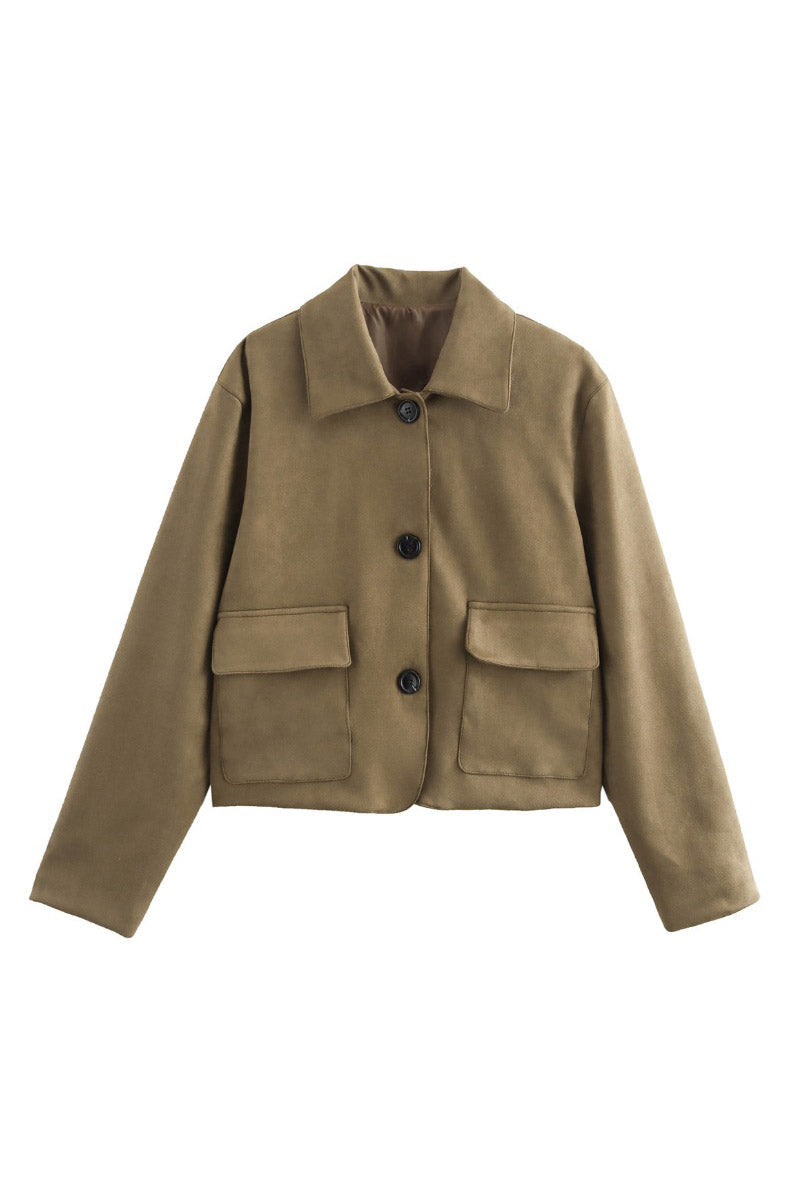 Women's sand suede jacket with collar and flap pockets