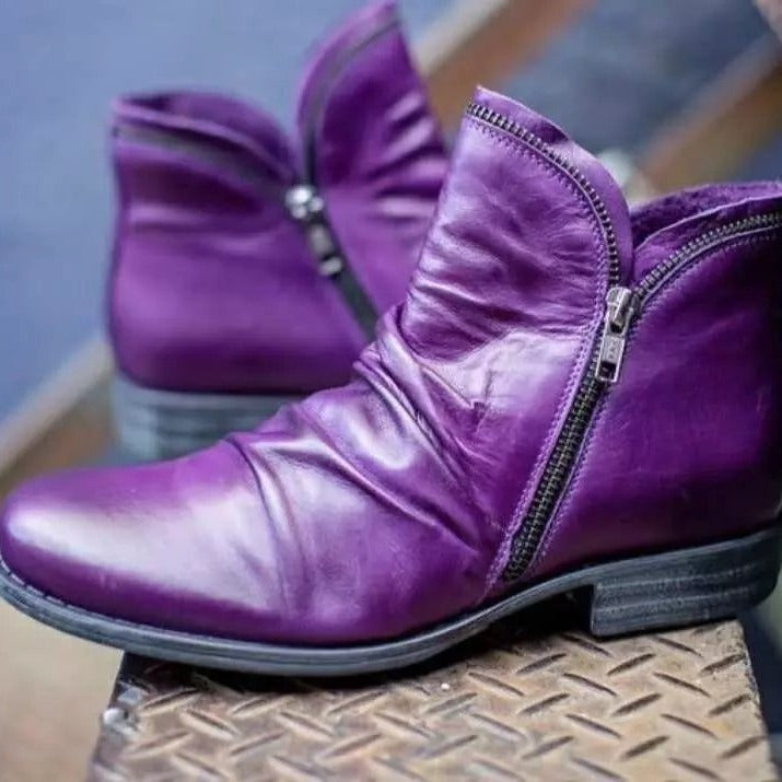 Women's ankle boots with ruched panels, side zips and low heels