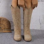 Women's Western knee-high boots with block heel and stitched detailing