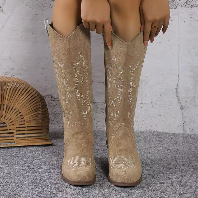 Women's Western knee-high boots with block heel and stitched detailing