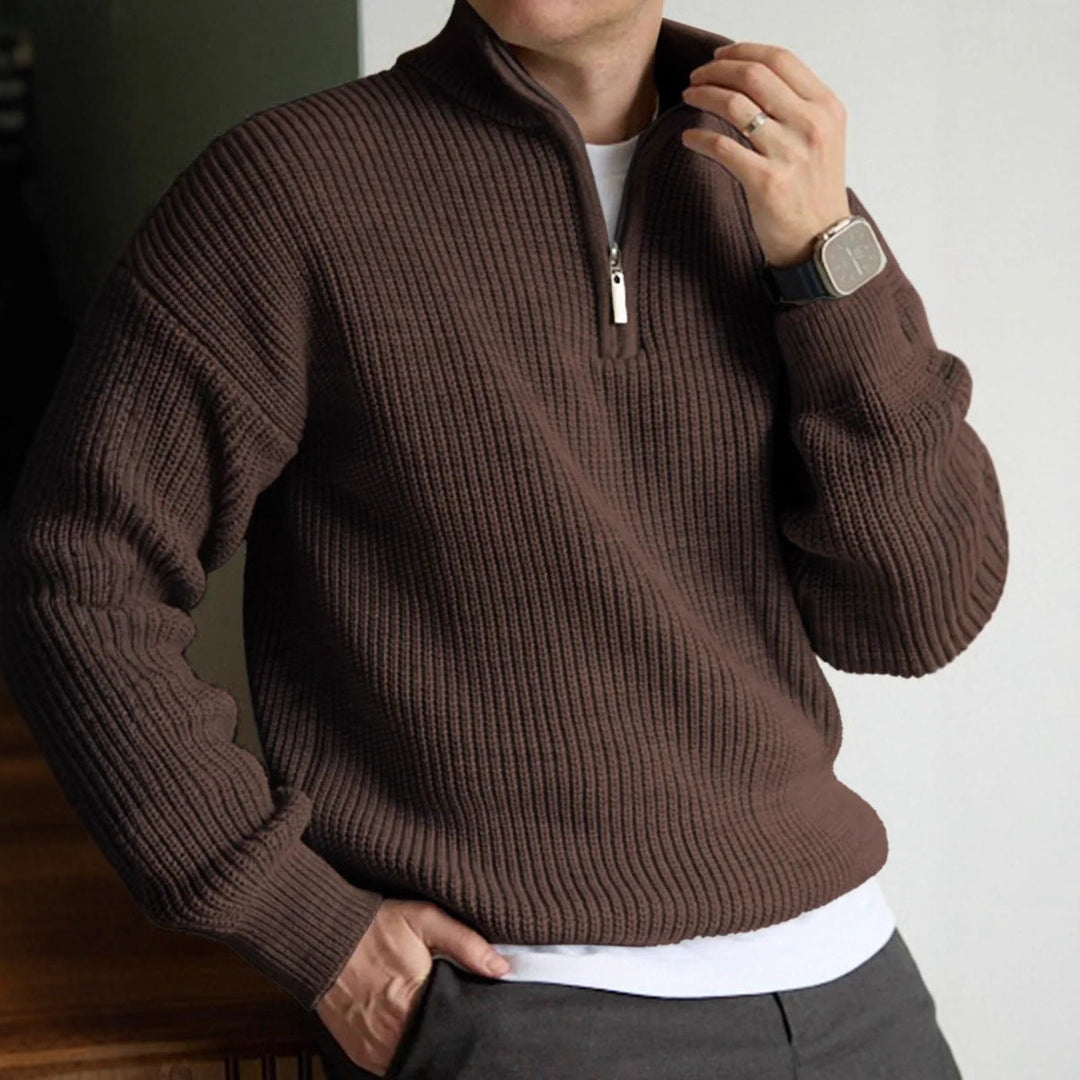 Men's ribbed quarter-zip jumper with raised collar and long sleeves