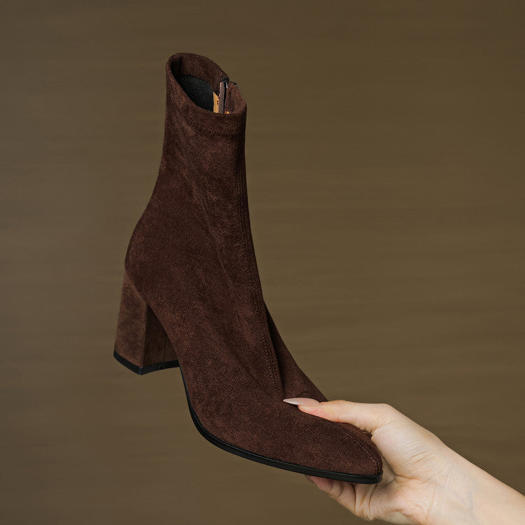 Women's ankle boots with pointed toes, side zips and high block heels