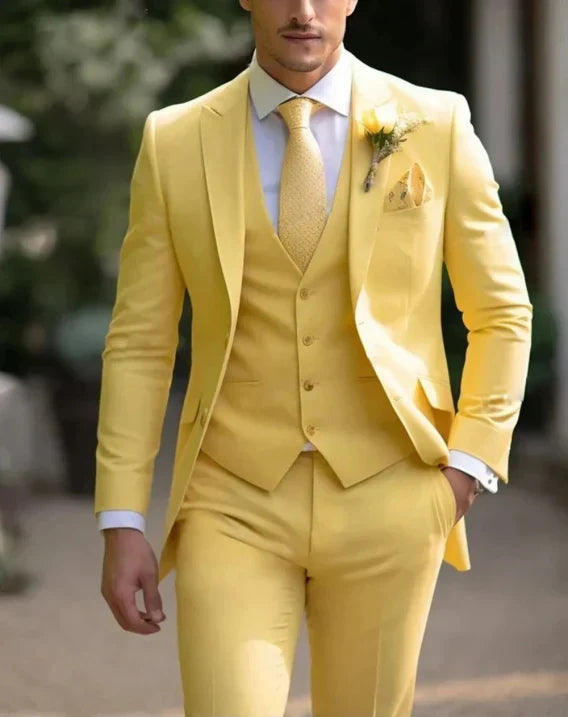 Men's three-piece suit with tailored jacket, button waistcoat and matching trousers