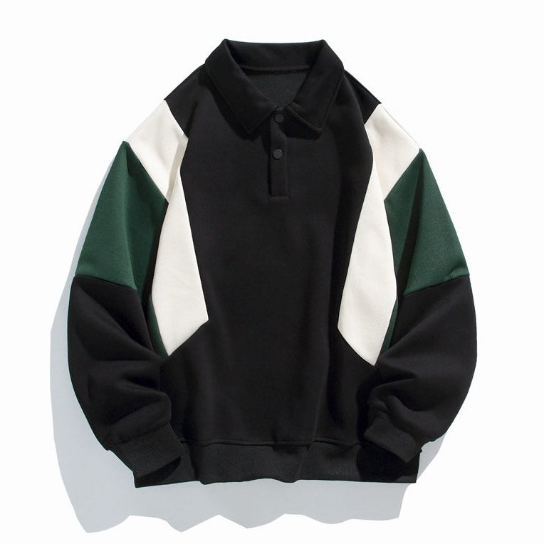 Men's long-sleeve colorblock polo sweatshirt with ribbed trims