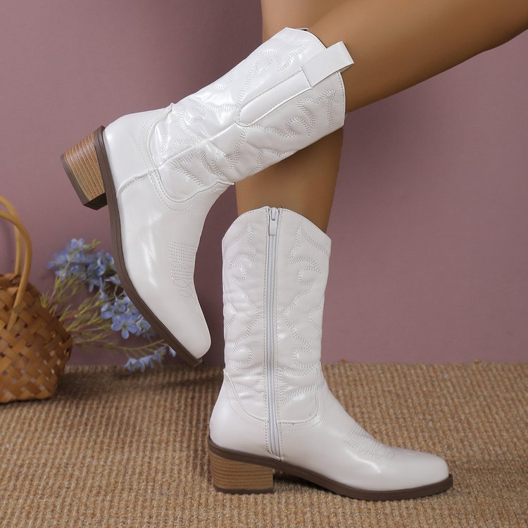 Women's knee-high cowboy boots with stitched panels and block heels