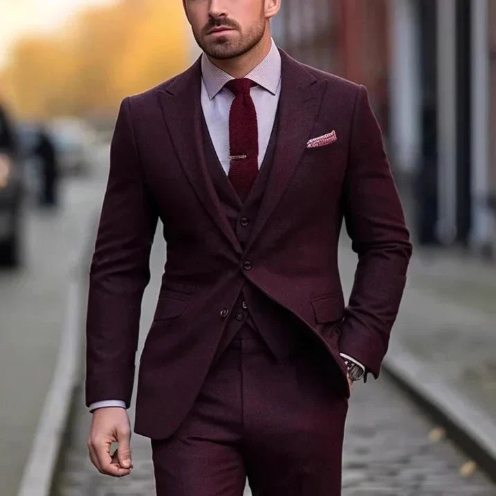 Men's three-piece suit with tailored jacket, button waistcoat and matching trousers