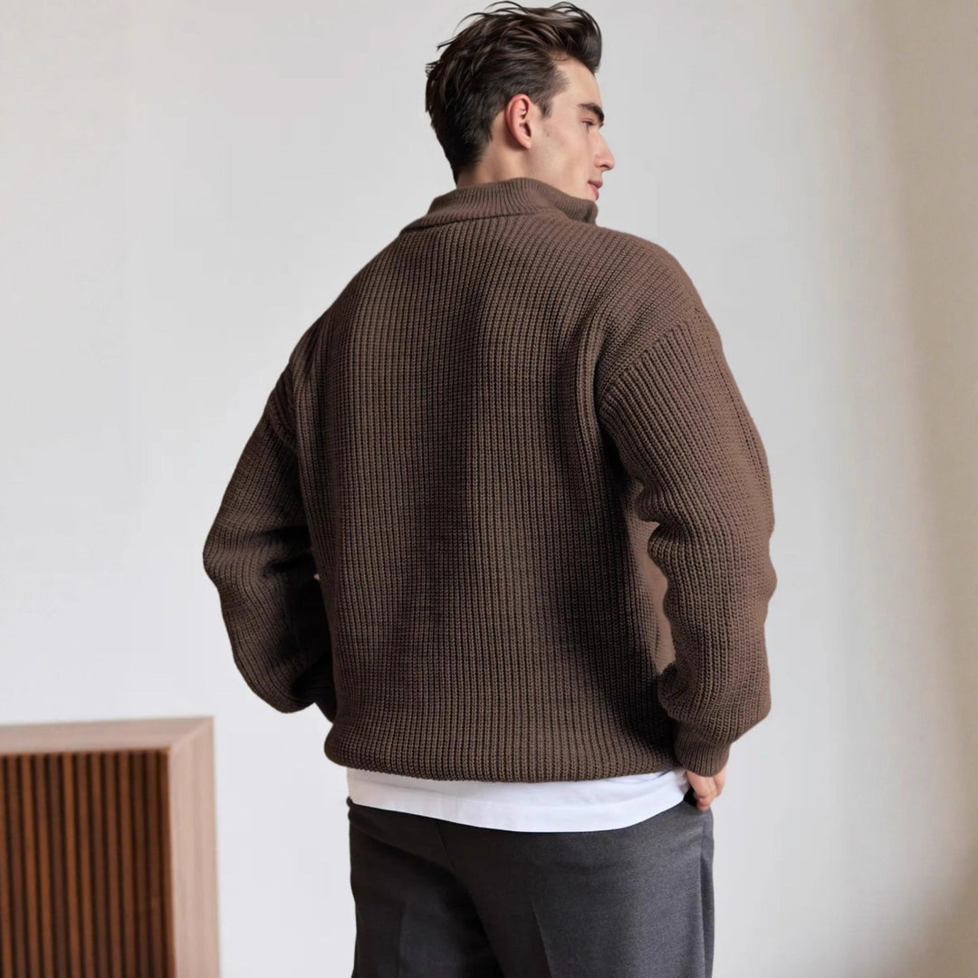 Men's ribbed quarter-zip jumper with raised collar and long sleeves