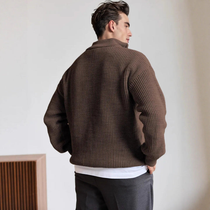 Men's ribbed quarter-zip jumper with raised collar and long sleeves