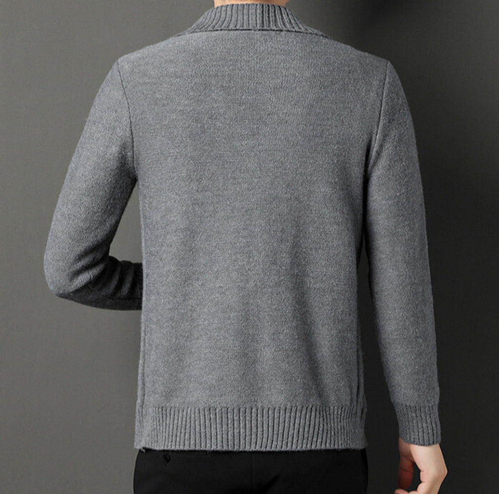 Men's textured cable knit cardigan with shawl collar and button front