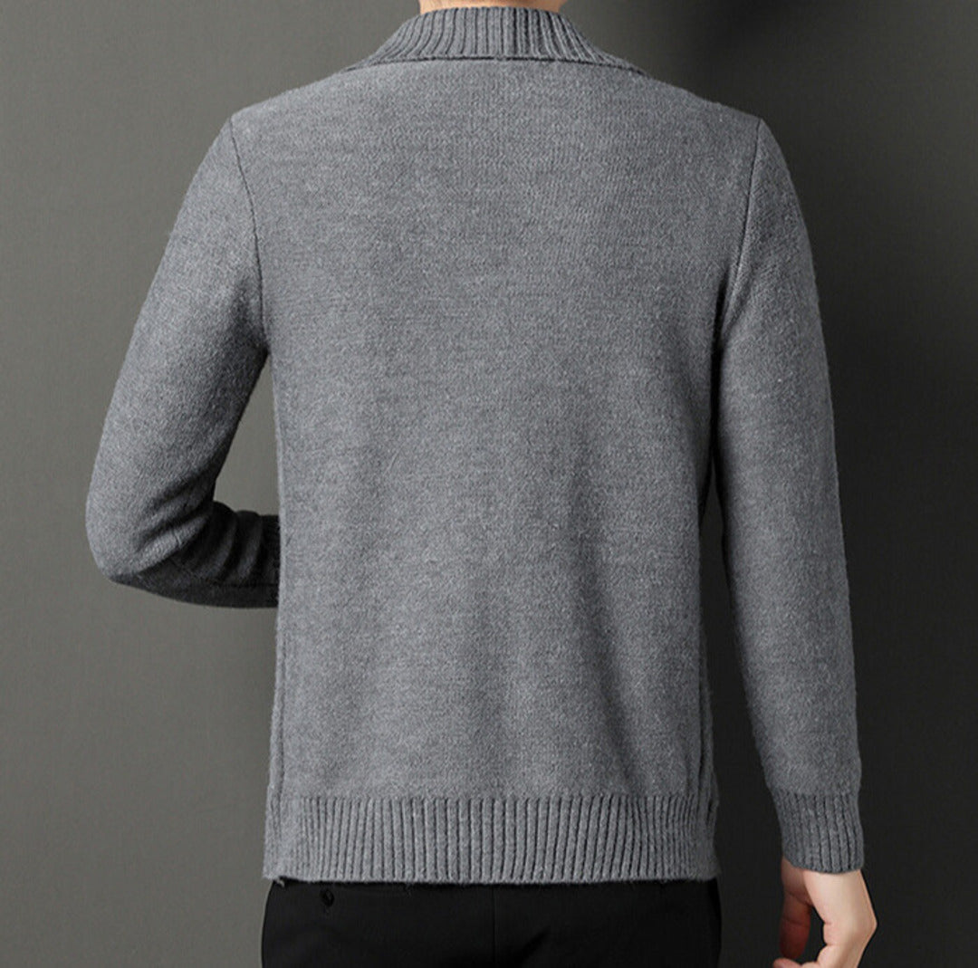 Men's textured cable knit cardigan with shawl collar and button front