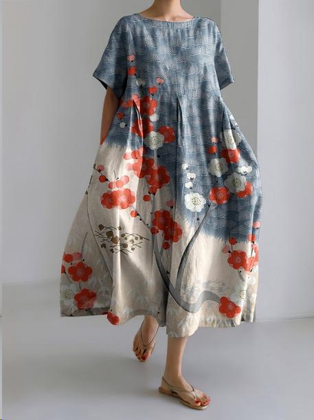 Women's loose floral midi dress with short sleeves and flared skirt