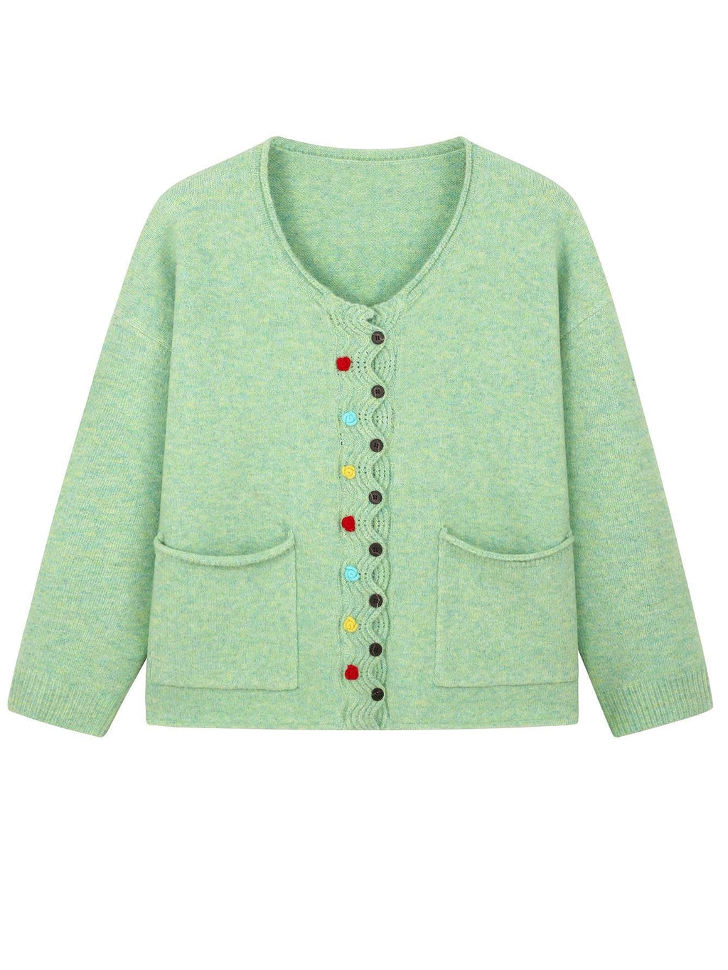 Women's green boxy cardigan with V-neck, colourful buttons and front patch pockets