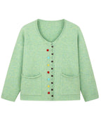Women's green boxy cardigan with V-neck, colourful buttons and front patch pockets