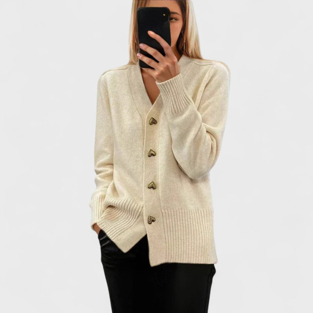 Women's V-neck button cardigan with long sleeves and front pockets