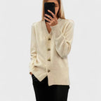 Women's V-neck button cardigan with long sleeves and front pockets