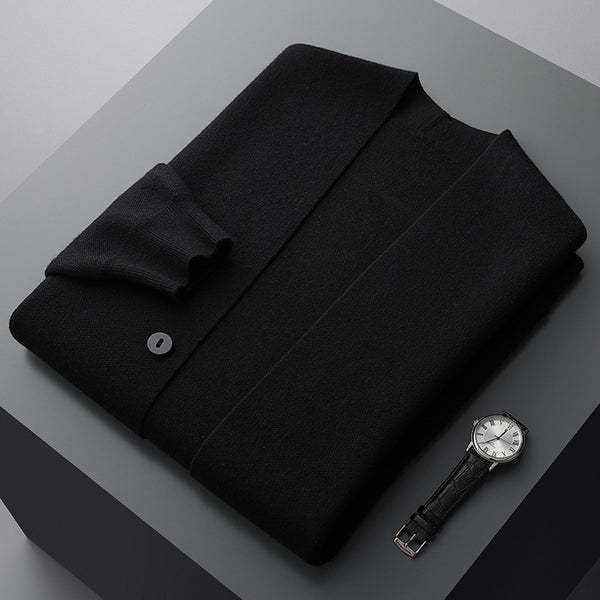 Men's cardigan with button front, patch pockets and striped long sleeves