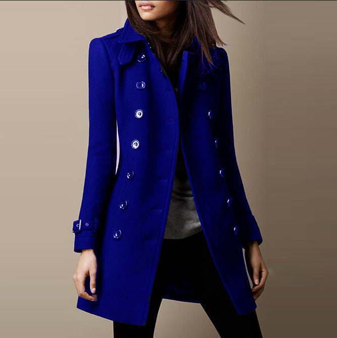 Women's mid-length double-breasted trench coat with buckle cuffs