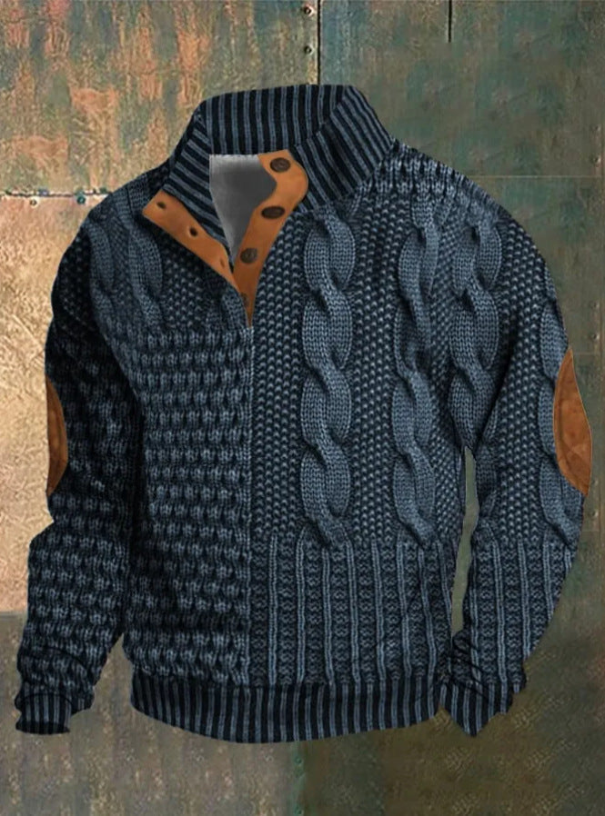 Men's textured patterned jumper with button collar, long sleeves and elbow patches