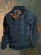 Men's textured patterned jumper with button collar, long sleeves and elbow patches