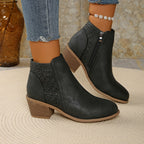 Women's ankle boots with laser cut panels and block heel