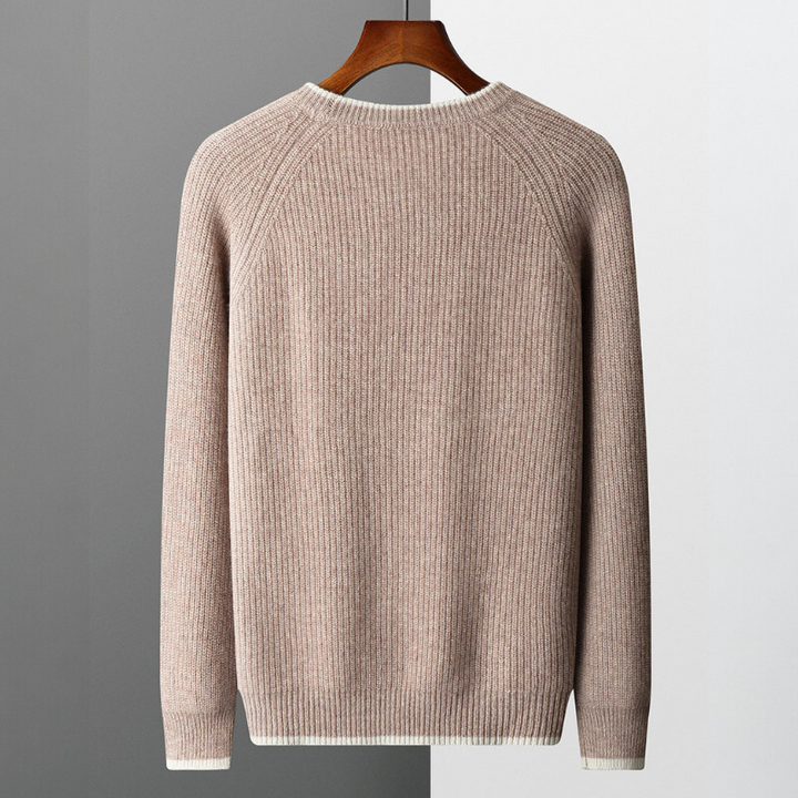 Folded ribbed crew neck sweater with contrasting trim