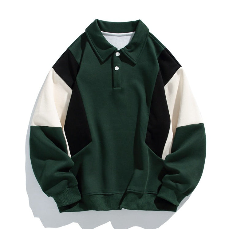 Men's long-sleeve colorblock polo sweatshirt with ribbed trims
