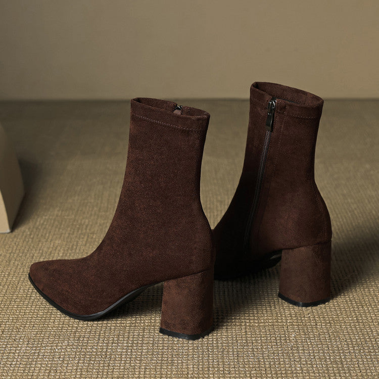 Women's ankle boots with pointed toes, side zips and high block heels