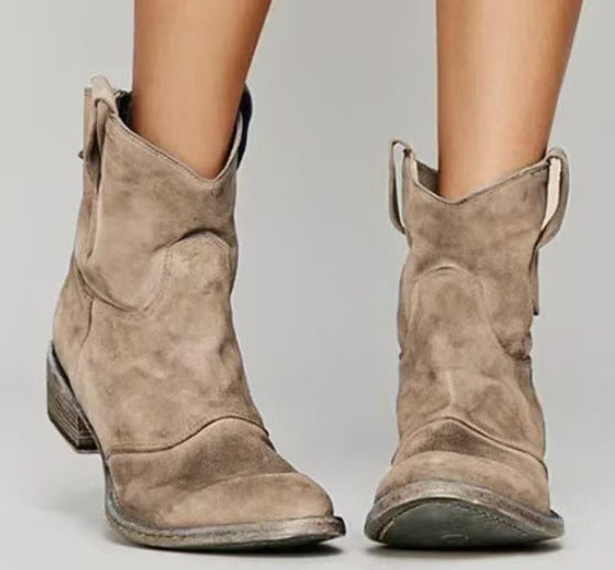 Suede ankle boots with western pull tabs and low heels