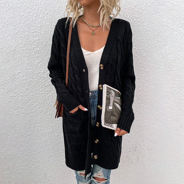 Women's longline cable-knit cardigan with V-neck, buttons, long sleeves and front pockets