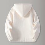 Men's hooded rib knit cardigan with button front and patch pockets