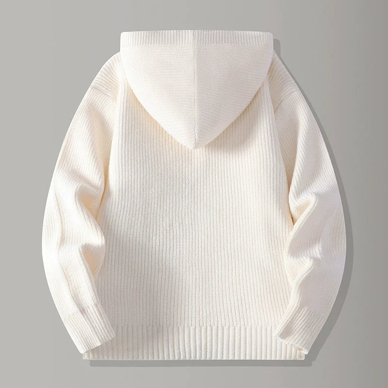Men's hooded rib knit cardigan with button front and patch pockets