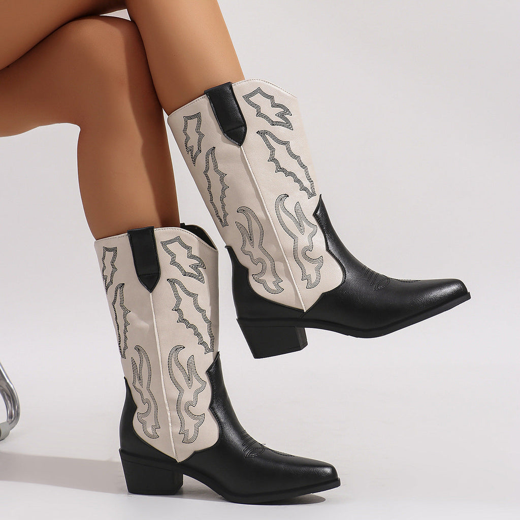 Women's western cowboy boots with embroidered panels and block heels