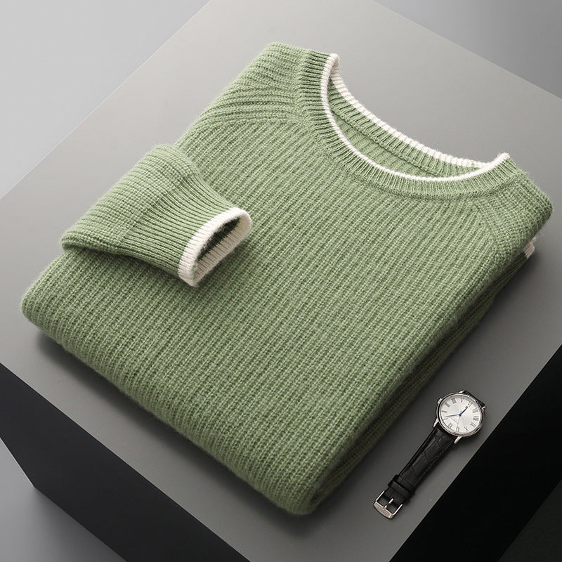 Folded ribbed crew neck sweater with contrasting trim