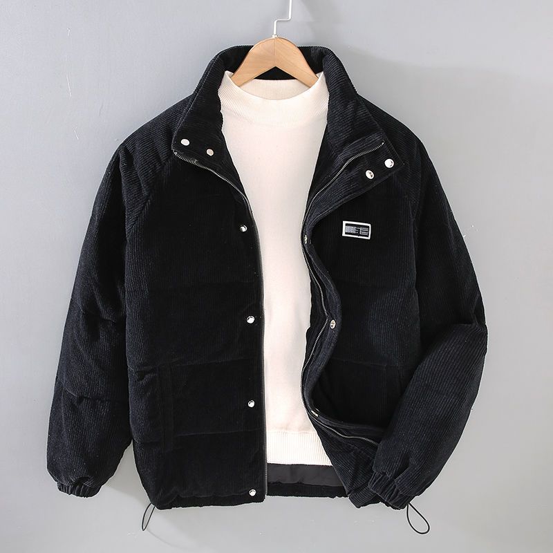 Men's ribbed corduroy-style hooded puffer jacket with pockets