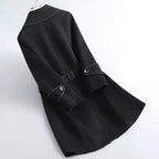 Women's long-sleeved belted trench coat with contrast piping and buttoned cuffs