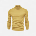 Men's half-zip knit sweater with raised turtleneck collar