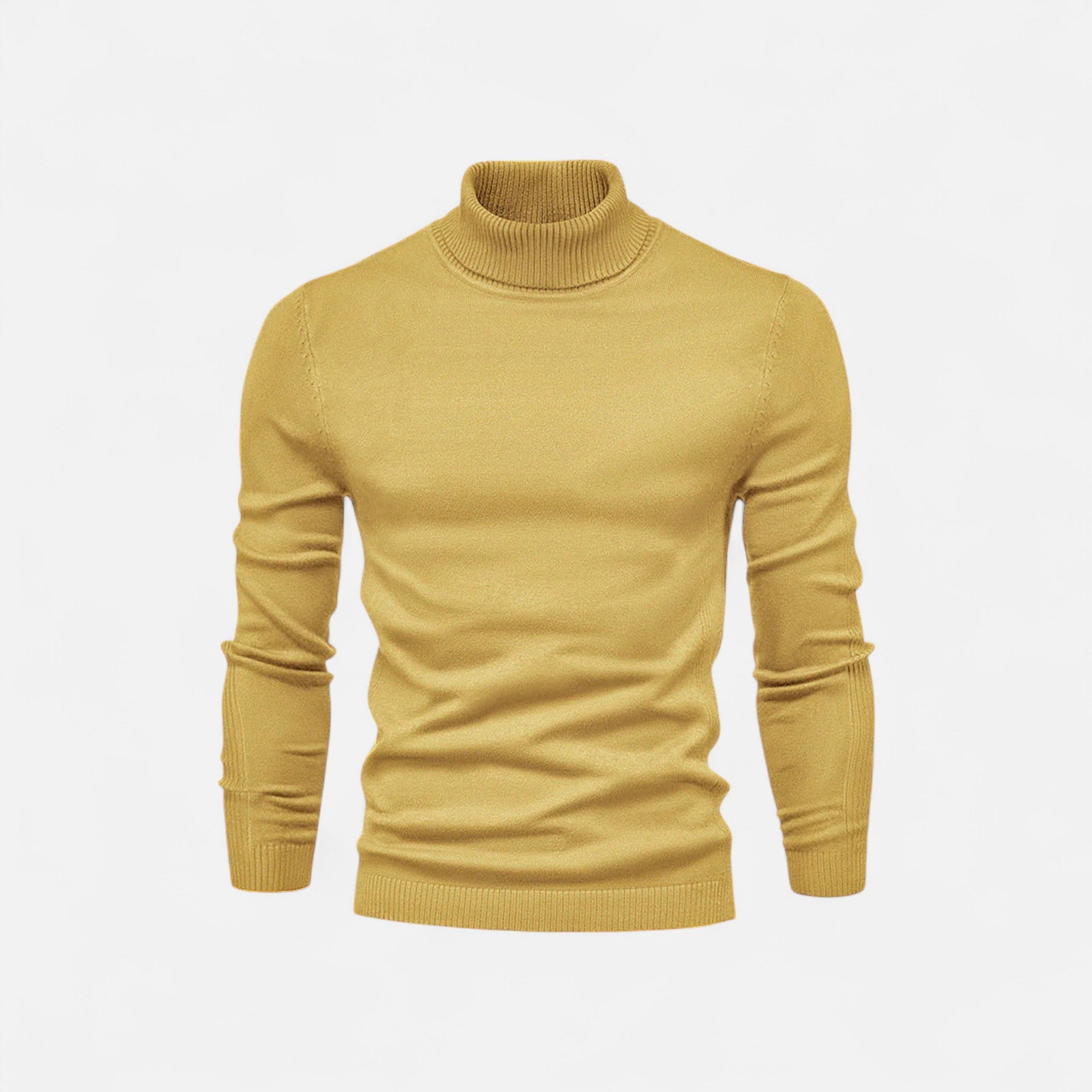 Men's half-zip knit sweater with raised turtleneck collar