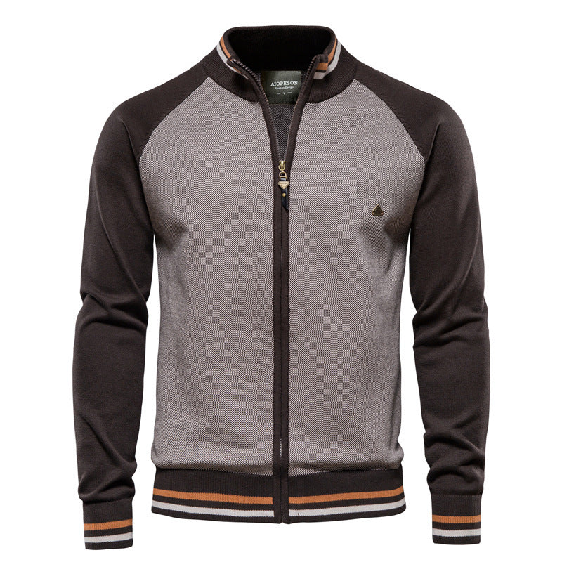 Long-sleeve textured knit cardigan with stand collar and front zip
