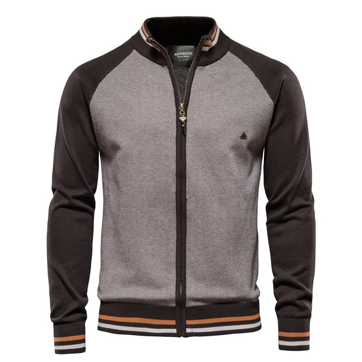 Long-sleeve textured knit cardigan with stand collar and front zip