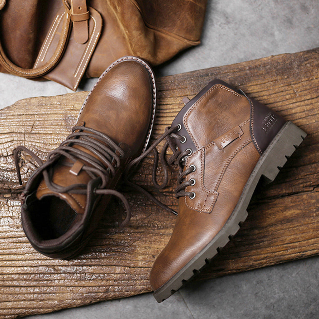 Men's lace-up ankle boots with contrasting panels and lug sole
