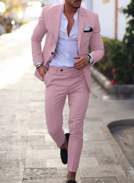 Men's textured two-piece suit with notch-lapel blazer and tapered trousers