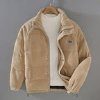 Men's ribbed corduroy-style hooded puffer jacket with pockets