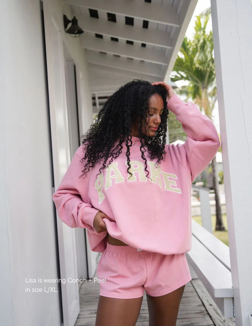 Women's oversized sweatshirt with mock neck, long sleeves and varsity lettering