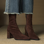 Women's ankle boots with pointed toes, side zips and high block heels