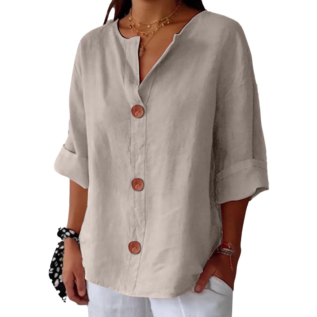 Women's relaxed V-neck shirt with button front and 3/4 sleeves