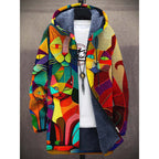 Women's multicolor abstract cat print hooded cardigan with zip front